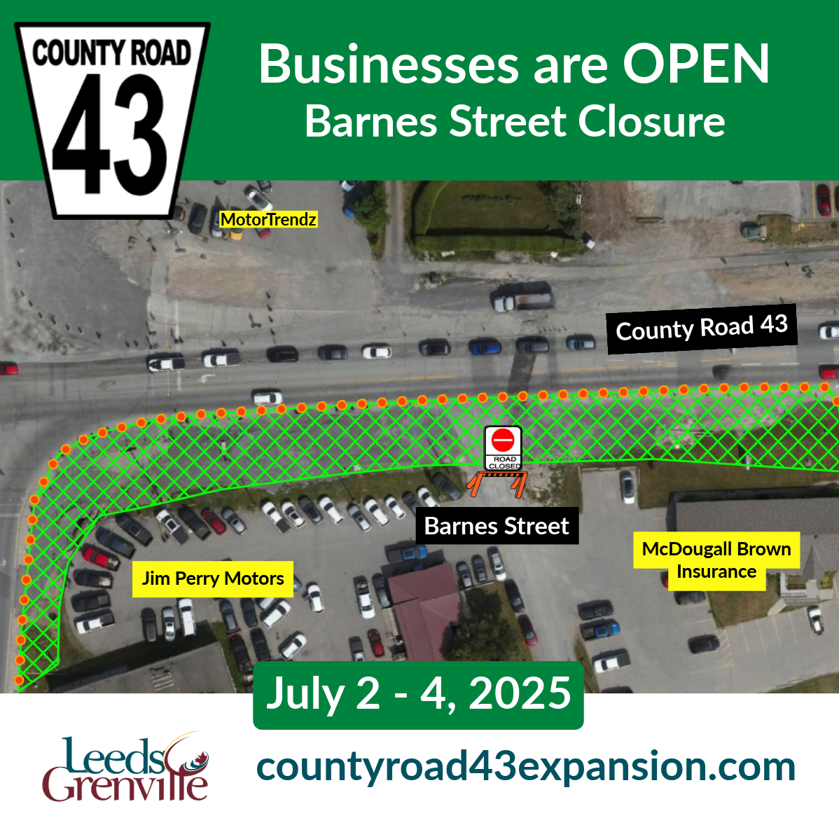 Notice: Temporary Road Closure: Barnes Street at CR43 Closed July 2-4, 2025