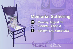 Purple chair, info for memorial gathering