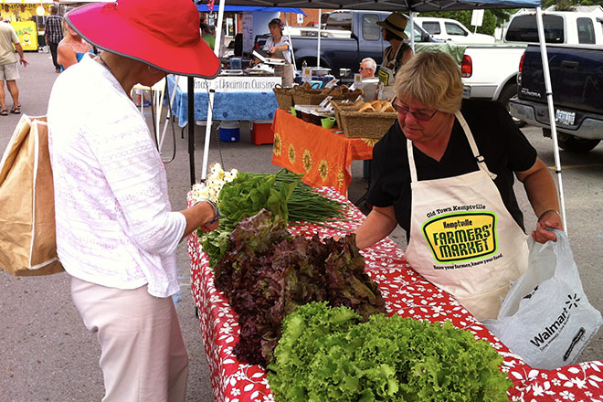 Farmers' Market stand with lush multi-coloured lettuces.